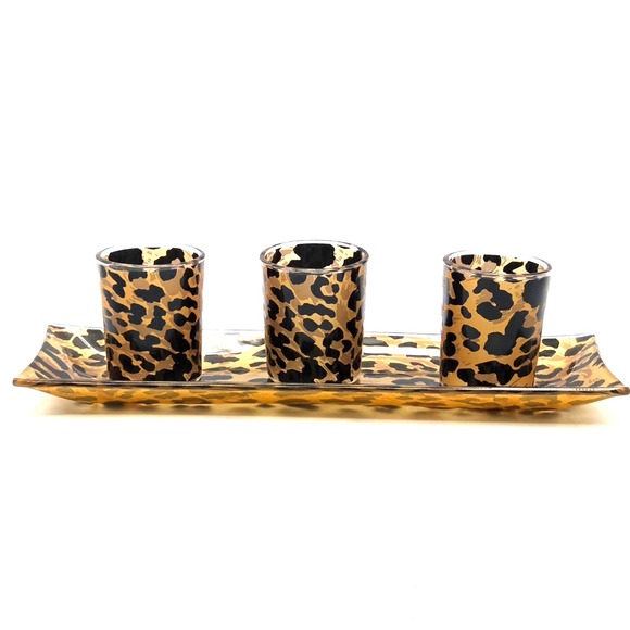 Leopard Print Tealight Candle Votive Candle Holders Set of 3 with Leopard Tray - Picture 2 of 5